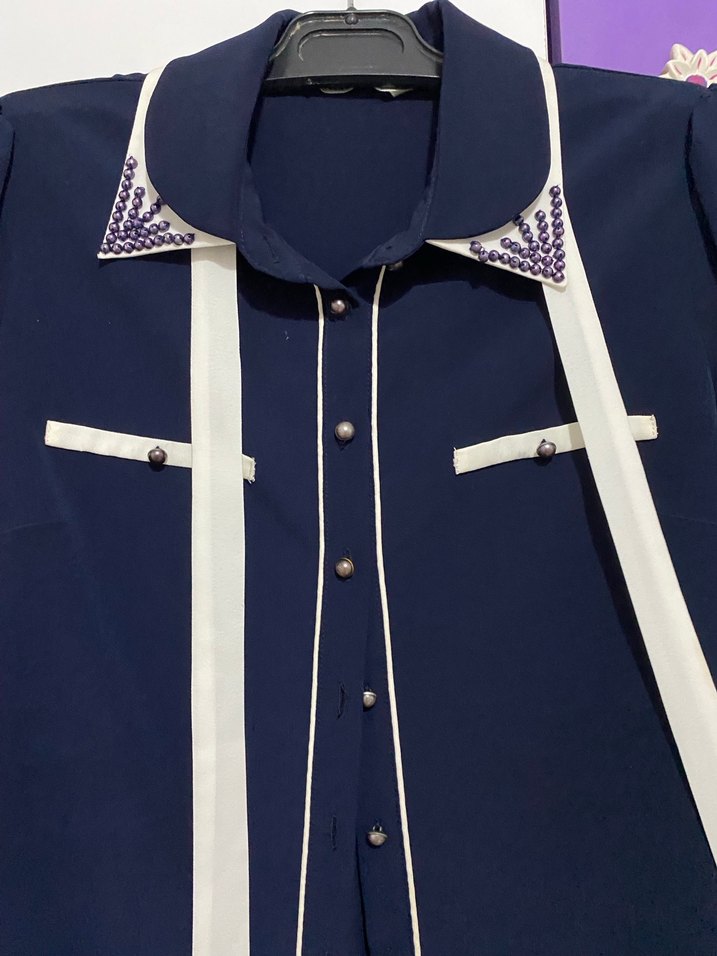 Uzun Kollu Lacivert Kadın Gömlek Tunik - Görsel 2