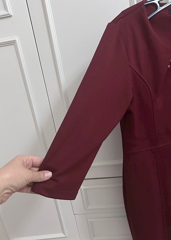 Bordo Uzun Kollu Midi Kadın Elbise - Görsel 3