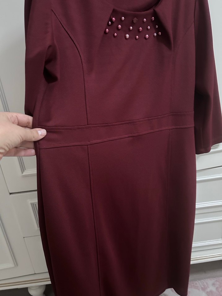 Bordo Uzun Kollu Midi Kadın Elbise - Görsel 2