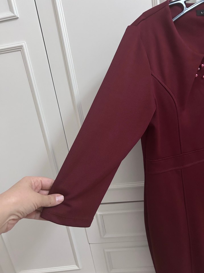 Bordo Uzun Kollu Midi Kadın Elbise - Görsel 3