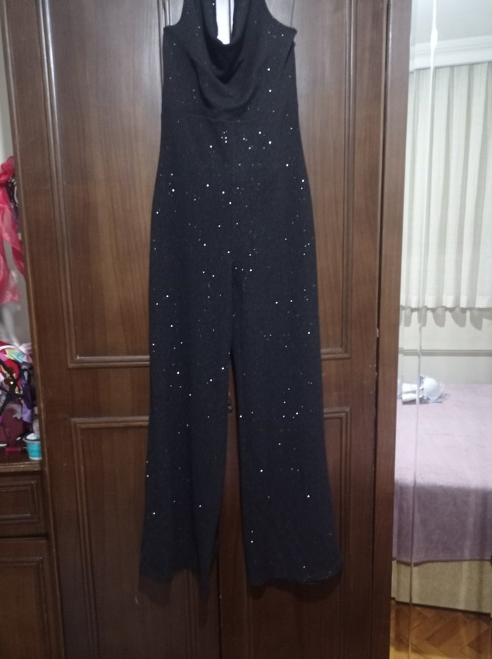 Siyah Drape li Uzun Kadın Tulum - Görsel 3