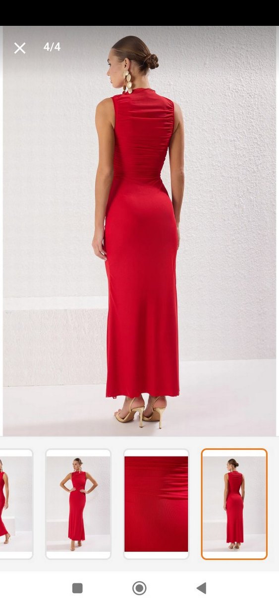 Kırmızı Drapeli Uzun Kadın Elbise - Görsel 3