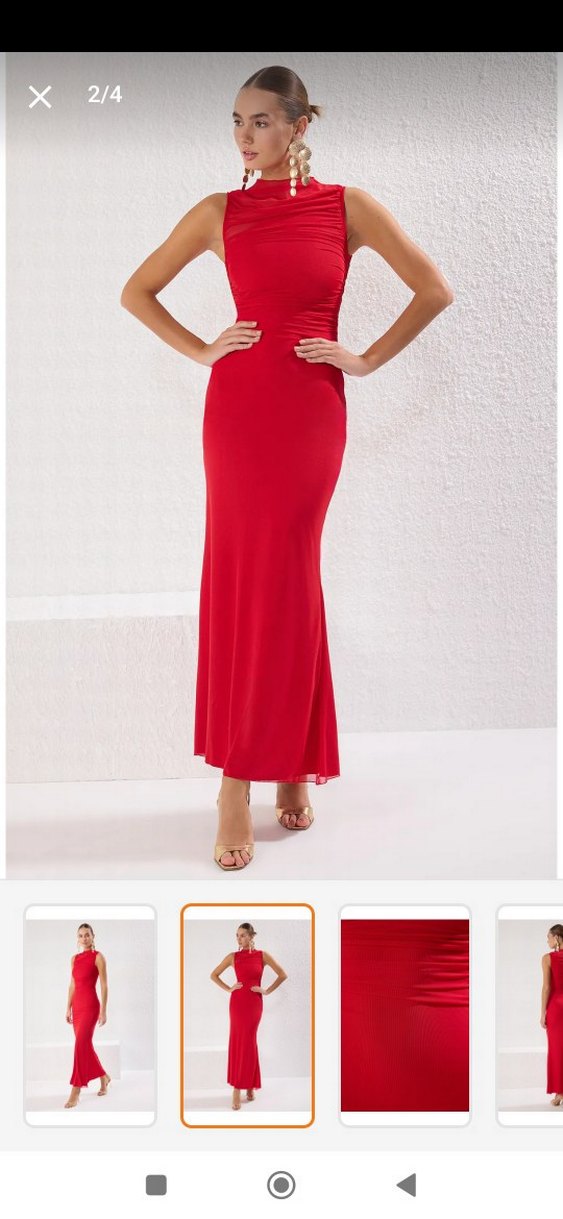 Kırmızı Drapeli Uzun Kadın Elbise - Görsel 2