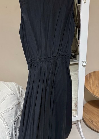 Siyah Keten Midi Drapeli Elbise - Görsel 3