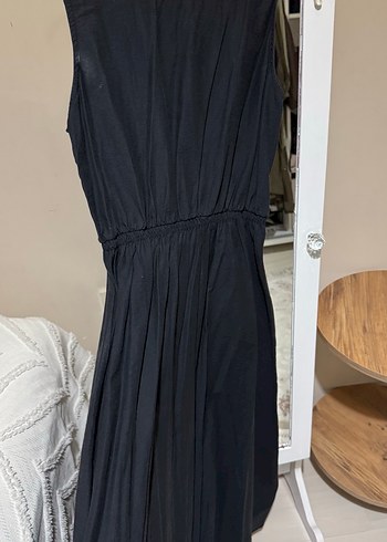 Siyah Keten Midi Drapeli Elbise - Görsel 2