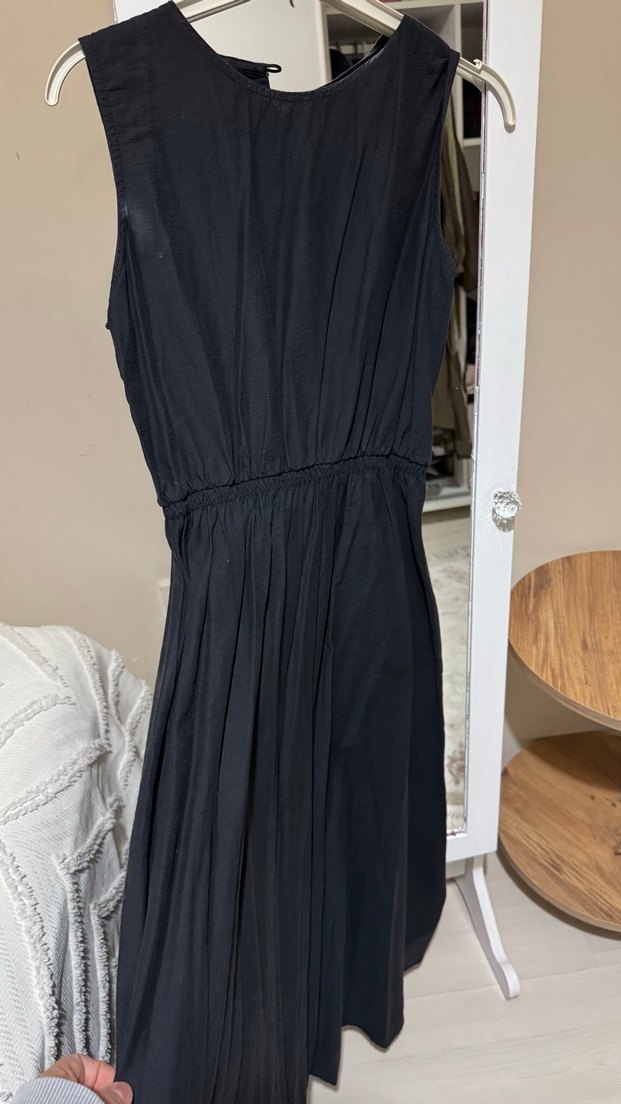 Siyah Keten Midi Drapeli Elbise - Görsel 2