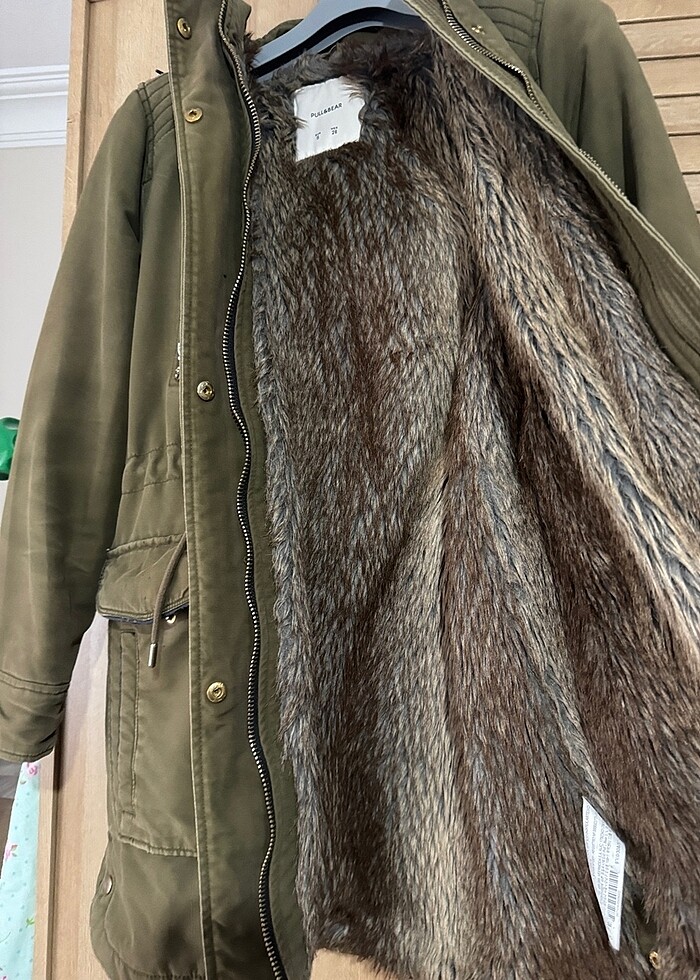 Haki pull bear içi kürklü parka - Görsel 4