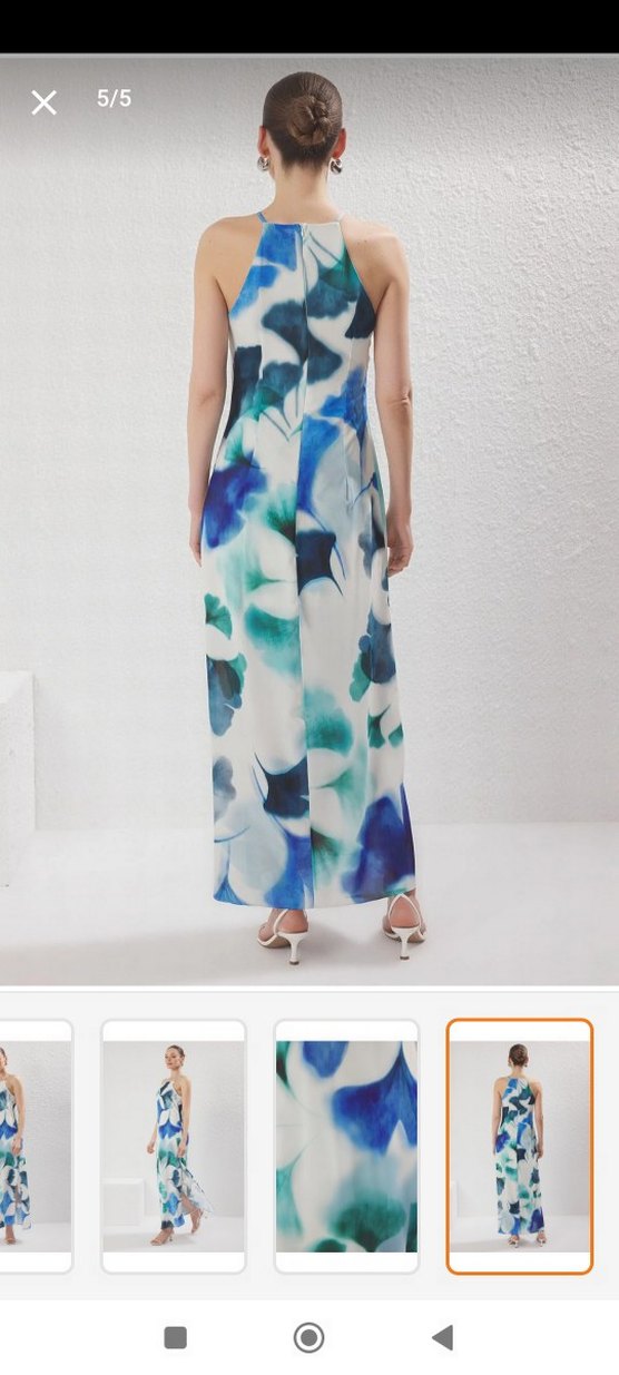 Mavi Bağlama Desenli Uzun Askılı Elbise - Görsel 3