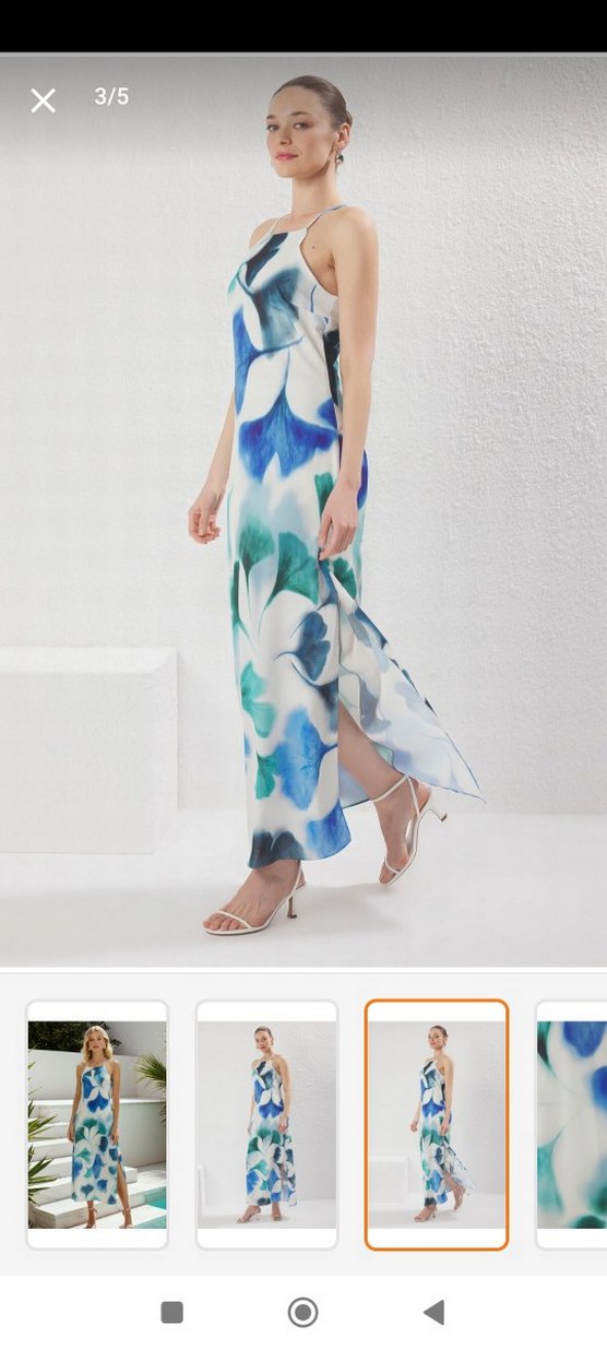 Mavi Bağlama Desenli Uzun Askılı Elbise - Görsel 2