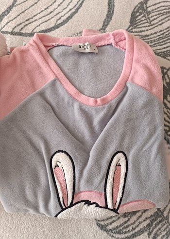 Baskılı Gri ve Pembe polar pijama takımı - Görsel 3