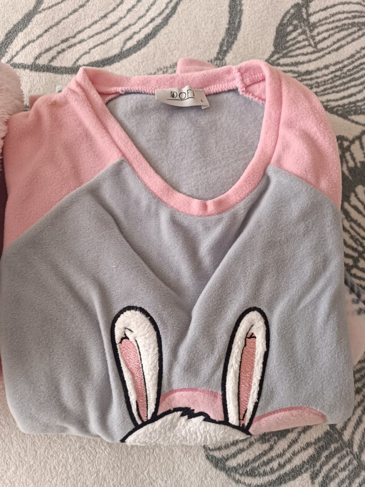 Baskılı Gri ve Pembe polar pijama takımı - Görsel 3