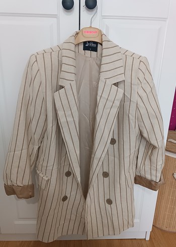 Bej Çizgili Midi Kadın Blazer Ceket - Görsel 3