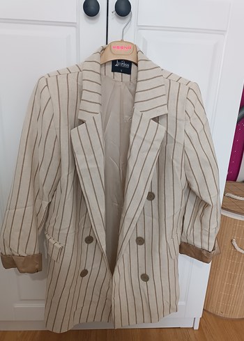 Bej Çizgili Midi Kadın Blazer Ceket - Görsel 2