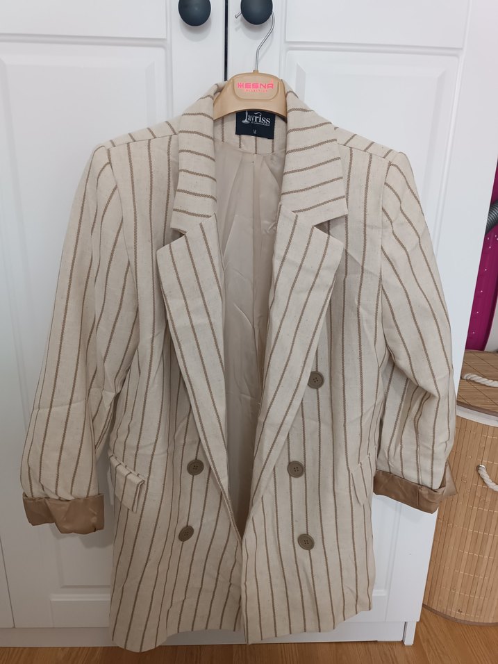 Bej Çizgili Midi Kadın Blazer Ceket - Görsel 3