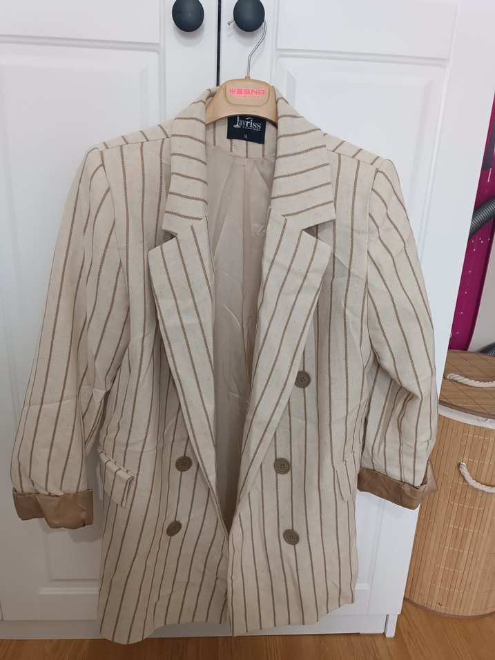 Bej Çizgili Midi Kadın Blazer Ceket - Görsel 2