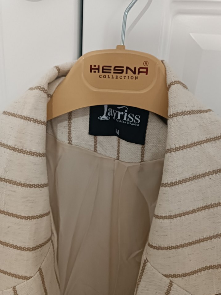 Bej Çizgili Midi Kadın Blazer Ceket - Görsel 4