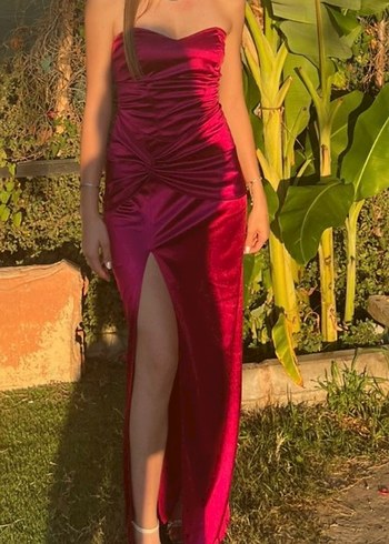 Bordo Drapeli Straplez Uzun Abiye Elbise - Görsel 2