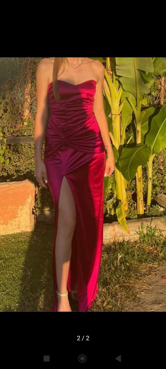 Bordo Drapeli Straplez Uzun Abiye Elbise - Görsel 2