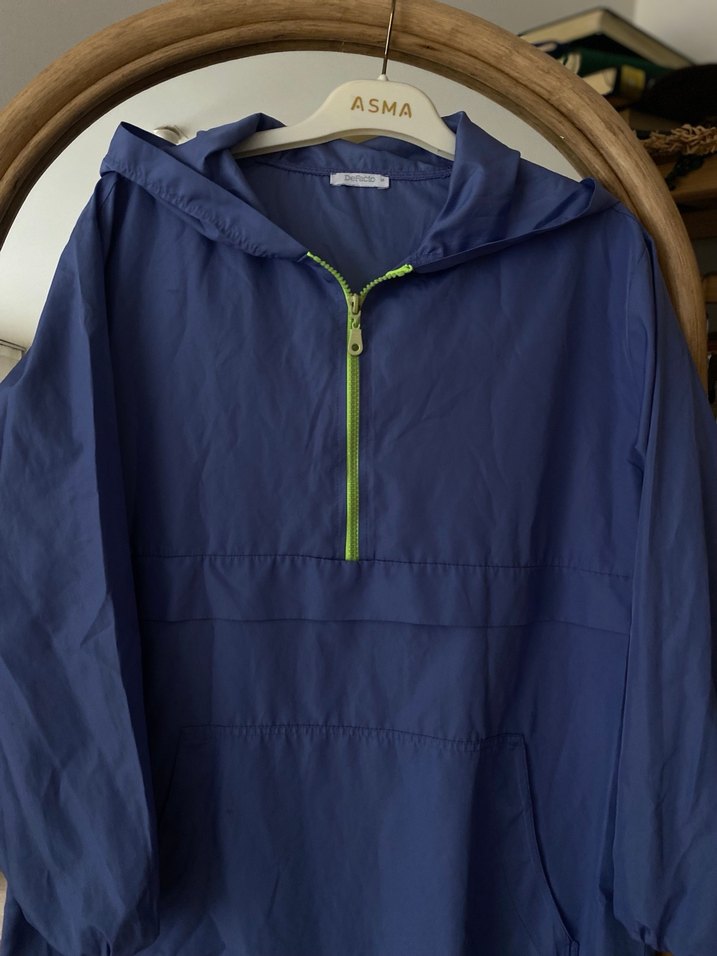 Mavi Midi Uzun Kollu Kapüşonlu Yağmurluk - Görsel 3