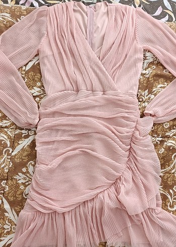Pembe Pilili Bohem Uzun Abiye Elbise