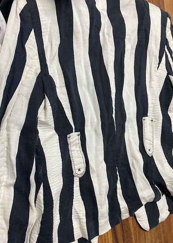 Düğmeli Zebra Desenli Keten Kadın Blazer - Görsel 5