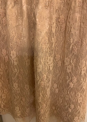 Somon Renkli Dantel Midi Straplez Abiye Elbise - Görsel 4