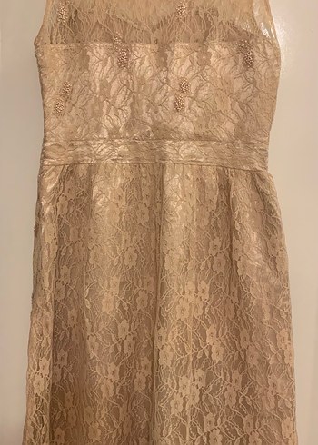 Somon Renkli Dantel Midi Straplez Abiye Elbise - Görsel 2