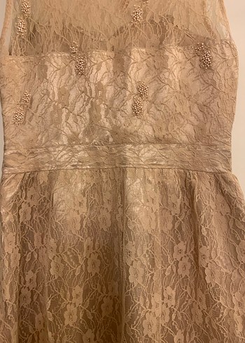 Somon Renkli Dantel Midi Straplez Abiye Elbise - Görsel 3