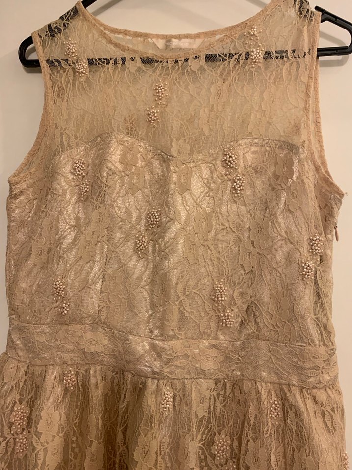 Somon Renkli Dantel Midi Straplez Abiye Elbise - Görsel 5