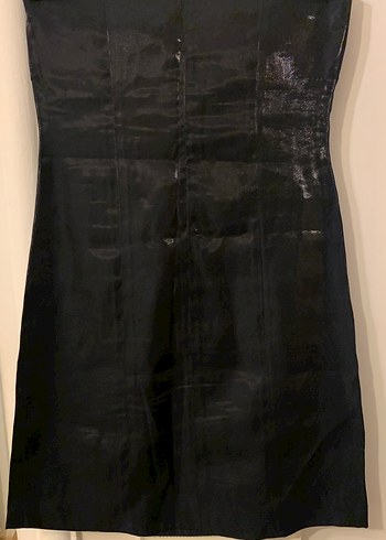 Siyah Kendinden hafif parlak Straplez Midi Gotik Elbise - Görsel 2