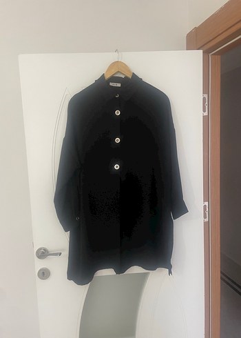 Düğmeli Siyah Uzun Hamile Keten Gömlek - Görsel 2