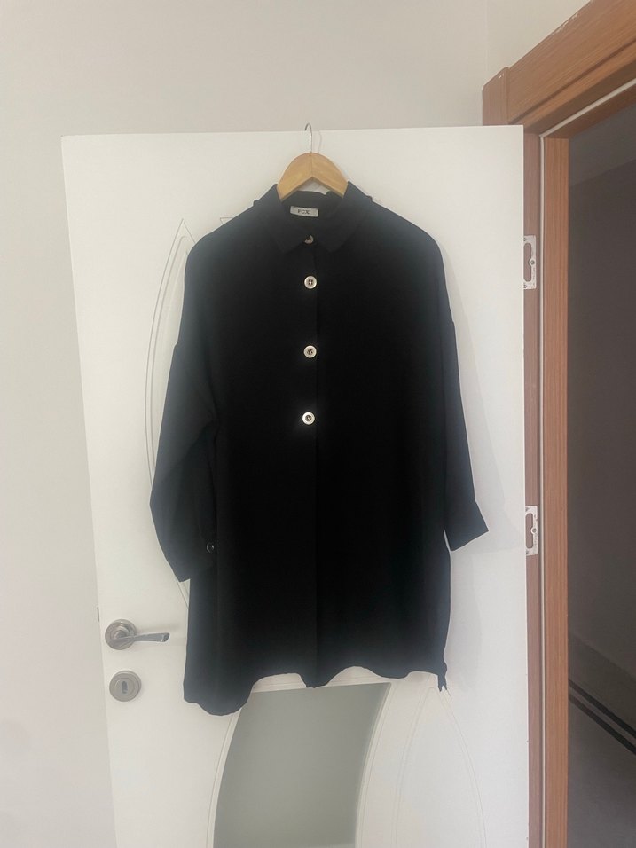 Düğmeli Siyah Uzun Hamile Keten Gömlek - Görsel 2