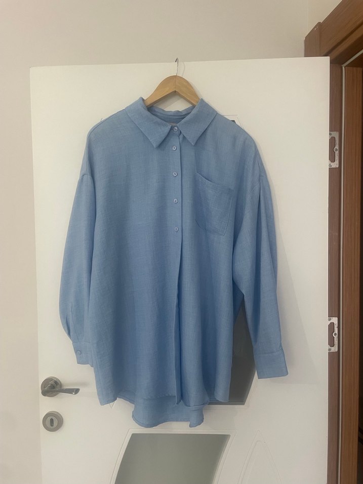 Mavi Keten Uzun Kollu Gömlek - Görsel 2