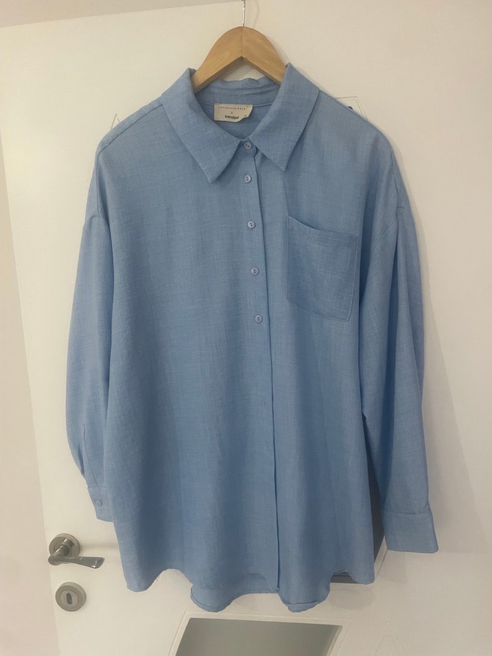 Mavi Keten Uzun Kollu Gömlek - Görsel 3