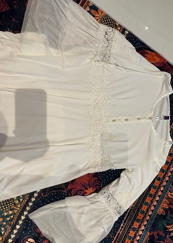 Uzun Beyaz Nakışlı 2li iç elbiseli lohusa Sabahlık - Görsel 6