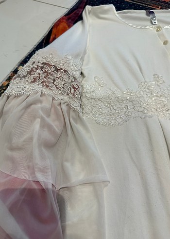 Uzun Beyaz Nakışlı 2li iç elbiseli lohusa Sabahlık - Görsel 9