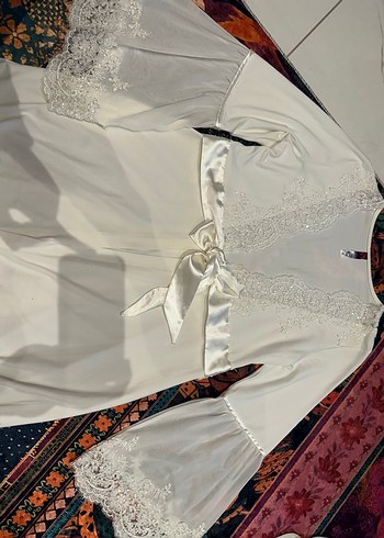 Uzun Beyaz Nakışlı 2li iç elbiseli lohusa Sabahlık - Görsel 2