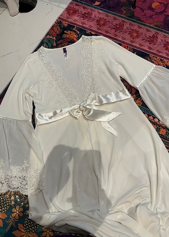 Uzun Beyaz Nakışlı 2li iç elbiseli lohusa Sabahlık - Görsel 3