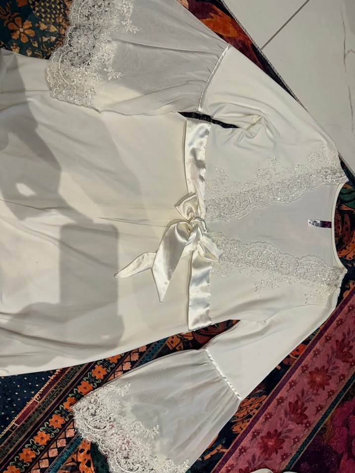 Uzun Beyaz Nakışlı 2li iç elbiseli lohusa Sabahlık - Görsel 2