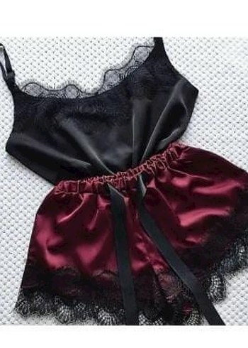 Bordo Siyah Dantel Detaylı Mini İp Askılı Pijama Takımı