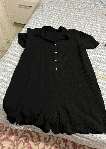 Siyah Kısa Kollu Düğmeli Keten Tulum - Görsel 4