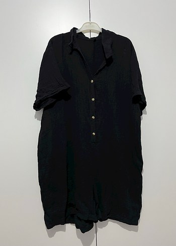 Siyah Kısa Kollu Düğmeli Keten Tulum - Görsel 3