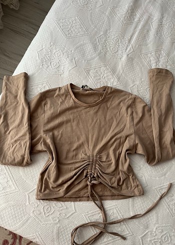 Bej Uzun Kollu Kadın Crop Top