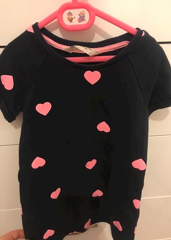 Kız Çocuk Pembe Kalp Desenli Kısa Kollu Elbise - Görsel 3