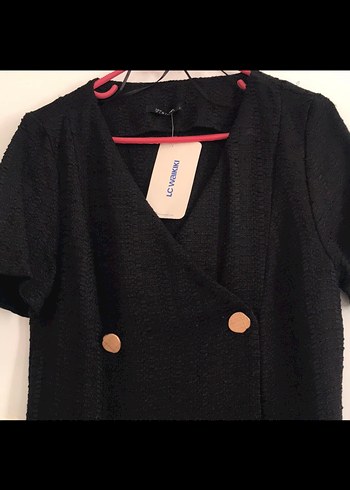 Düğmeli Siyah Kısa Kollu Ofis Elbisesi - Görsel 4