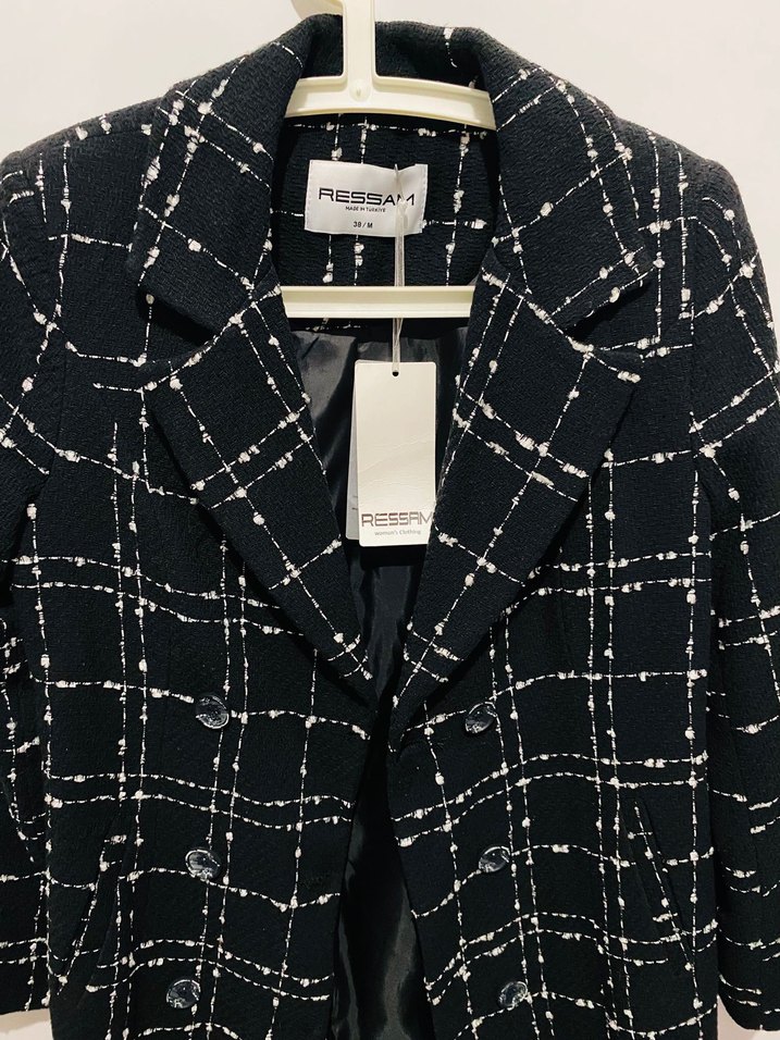 Düğmeli Siyah Kareli Kadın Blazer - Görsel 2