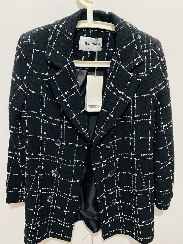 Düğmeli Siyah Kareli Kadın Blazer - Görsel 3