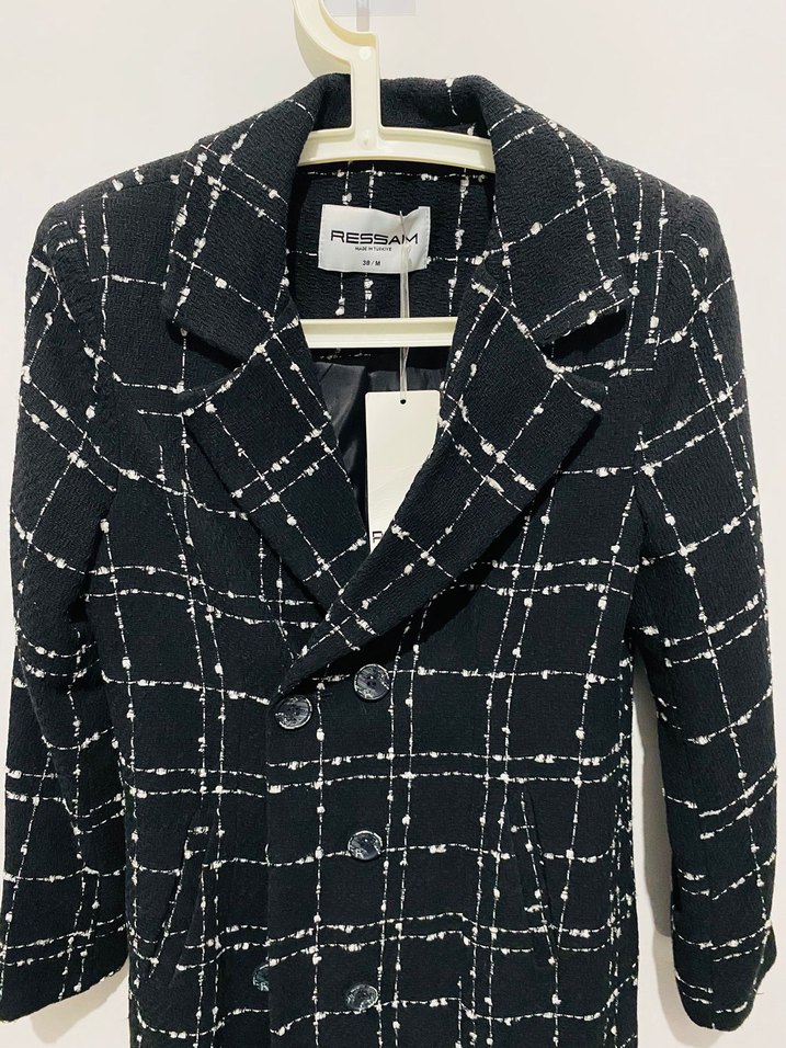 Düğmeli Siyah Kareli Kadın Blazer - Görsel 4