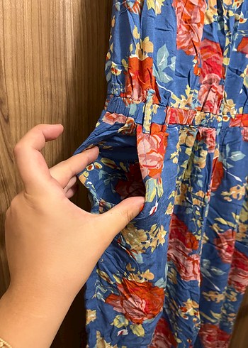 Mango Mavi Çiçek Desenli Bohem Straplez Kadın Tulum