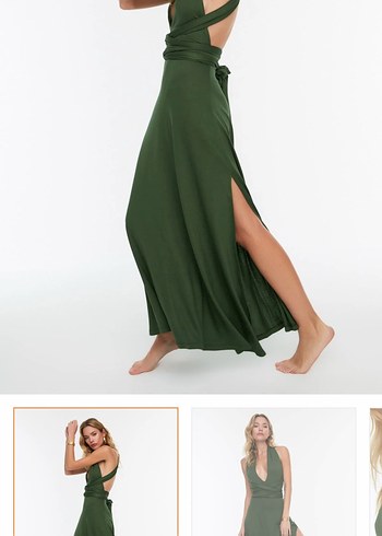 Kadın Haki Uzun Askılı Bohem Elbise - Görsel 2